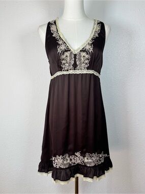 VTG Charlotte Russe Y2K Brown Satin Lace Slip Dress Coquette Fairycore Mini Med